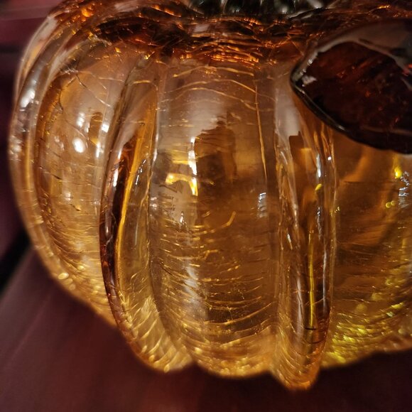 5" H Hand-Blown Glass Pumpkin Decoration with Crackled Finish in Amber & Brown - Picture 4 of 7
